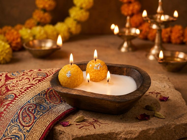Utsav — laddoo candles with silver vark, lit in a carved wooden bowl among marigolds